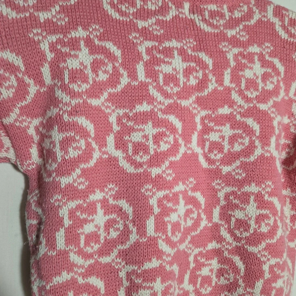 Vtg Acrylic ESprit Girls 4-5 Cherry Roses Pink Chunky Knit Sweater Cottage‎